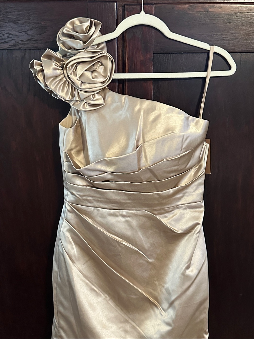 One-Shoulder Champagne Satin Dress with Floral Shoulder Detail